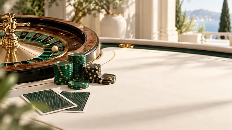 Roulette wheel, cards and green chips beside a window